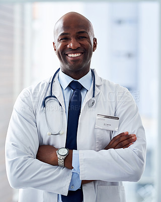 Buy stock photo Doctor, arms crossed and portrait of black man in hospital with trust for confidence, medical support or wellness. Help, medicine and physician with stethoscope for consulting, healthcare or services