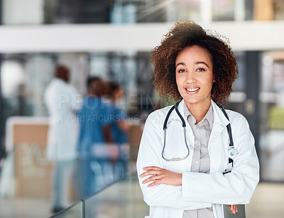 Buy stock photo Medical, portrait and woman with arms crossed in hospital with smile for consulting, support or wellness. Doctor, care and Cuban person with stethoscope for confidence, medicine or health services