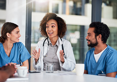 Buy stock photo Discussion, teamwork and doctor in collaboration with nurses, hospital and medical strategy for diagnosis and treatment. Diversity, meeting and healthcare for consulting, planning or surgery results