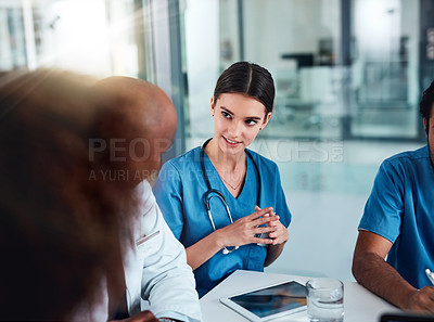 Buy stock photo Discussion, doctor and meeting with nurses, tablet and  medical strategy for diagnosis and treatment. Diversity, collaboration and healthcare for consulting, planning or surgery results in hospital