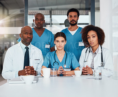 Buy stock photo Medical, meeting or portrait of doctors and nurses in hospital together for collaboration or planning. About us, diversity or proud with serious man and woman healthcare team in clinic for consulting