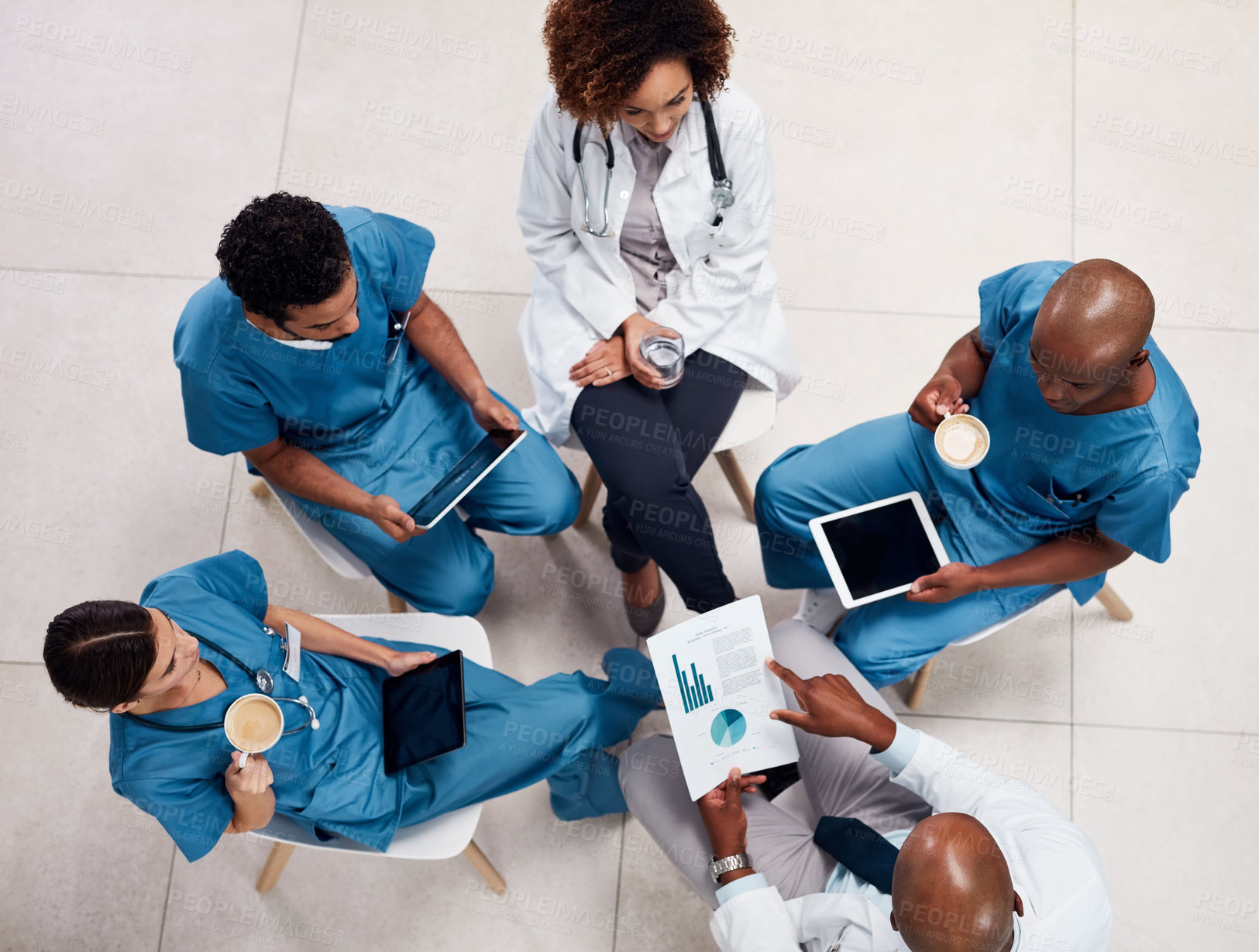 Buy stock photo Discussion, doctor and consulting with nurses, documents and medical strategy for treatment on tablet. Above group, collaboration and healthcare for meeting, planning or surgery results in hospital