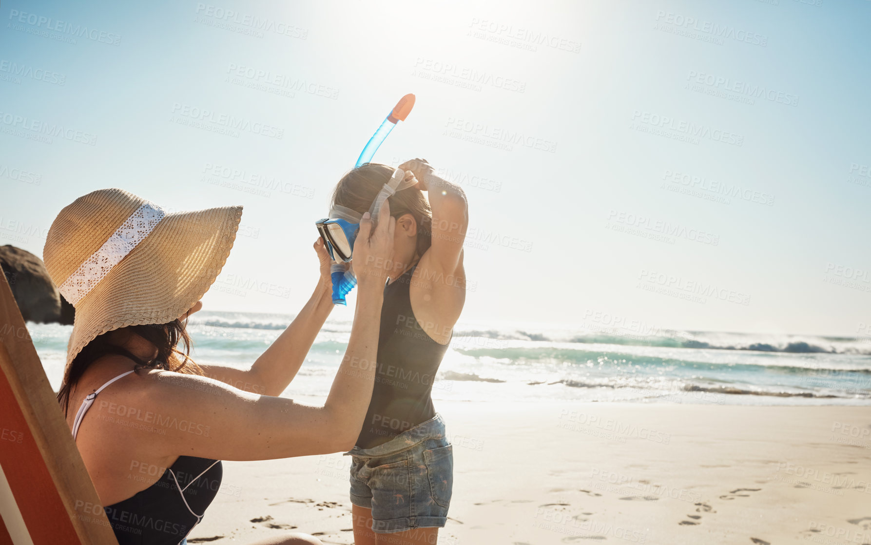 Buy stock photo Beach, family and mother with child for snorkelling on holiday, vacation and weekend by sea. Sun, summer and mom with young girl by ocean for tropical adventure, relaxing and fun outdoors together