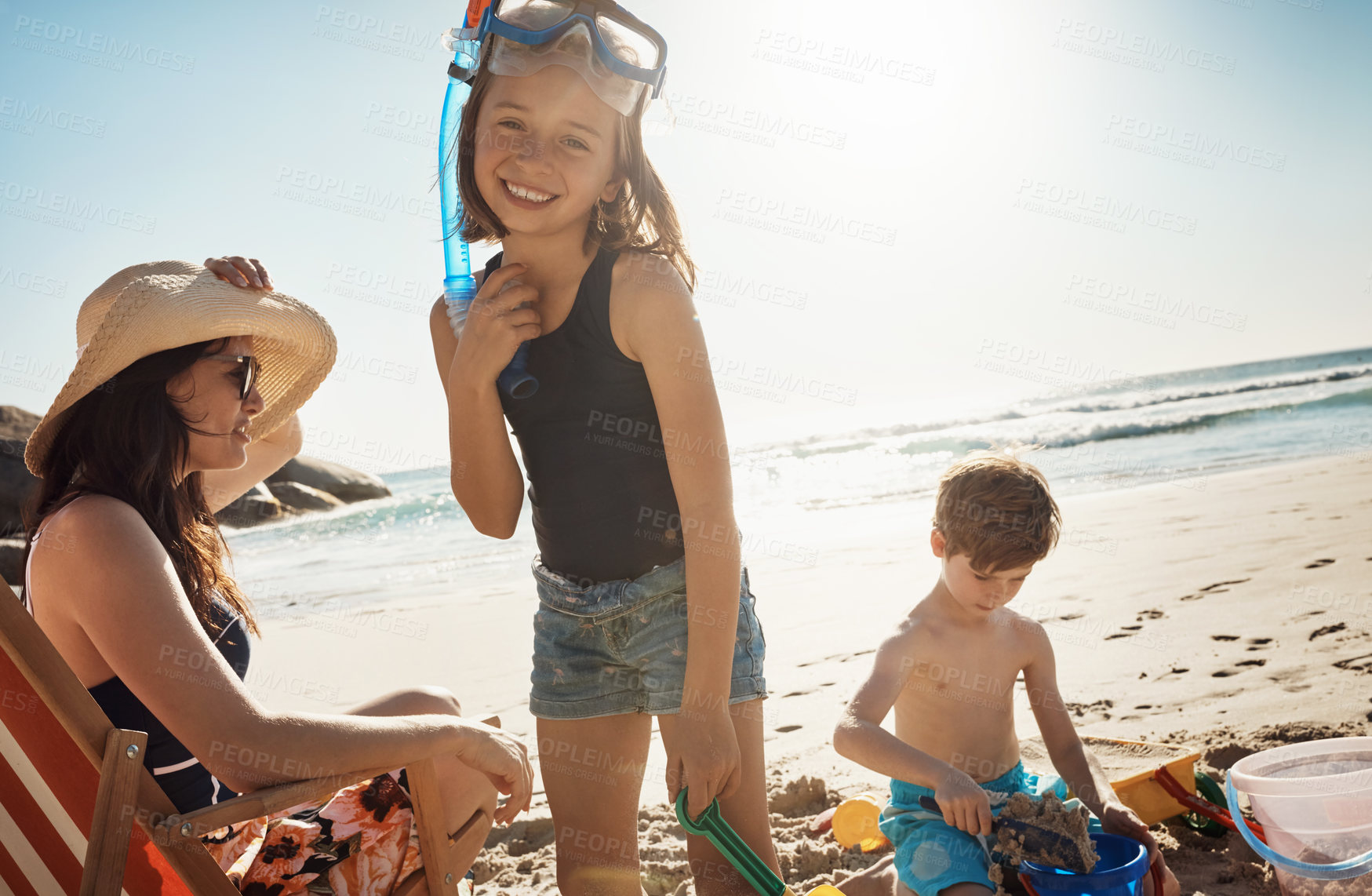 Buy stock photo Beach, family and portrait of children by sea for playing on holiday, vacation and tropical adventure. Happy, summer and mother with kids laughing by ocean for bonding, relaxing and fun outdoors