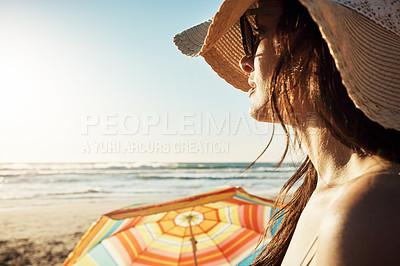Buy stock photo Cropped shot of a beautiful young woman at the beach