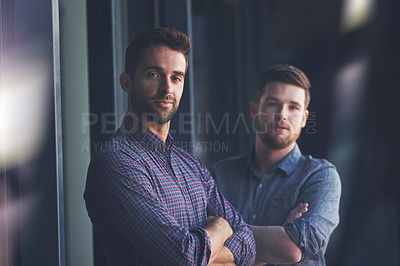 Buy stock photo Business people, arms crossed and team in office portrait,  creative collaboration and planning. Employees, men and together for solidarity in workplace, colleagues and confident coworkers for unity