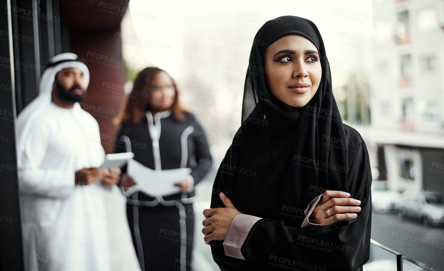 Buy stock photo Balcony, decision and Muslim woman with view, investor or planning for broker deal. Islamic person, investment or financial advisor with arms crossed, hijab or solution for trading portfolio or ideas