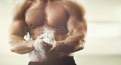 Buy stock photo Hands, fitness and powder dust in gym for grip, workout and exercise for wellness. Sports, health and man, bodybuilder or male athlete clapping with chalk and ready to start training for muscles.