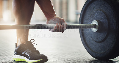 Buy stock photo Hands, sports powder and barbell in gym for grip, workout and exercise for wellness. Fitness, health and man, bodybuilder or male athlete lifting weights with chalk and training for muscle power.