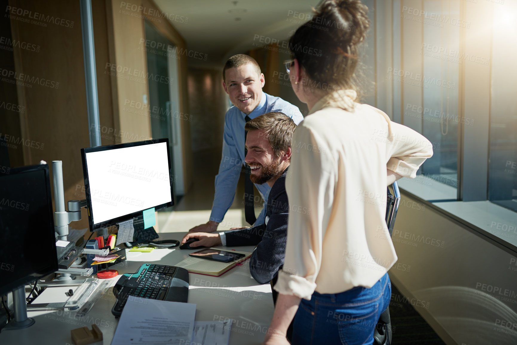 Buy stock photo Team, computer and business people in office for meeting with advice, review or feedback on project. Collaboration, group and financial risk managers analyzing investment profit return or growth.