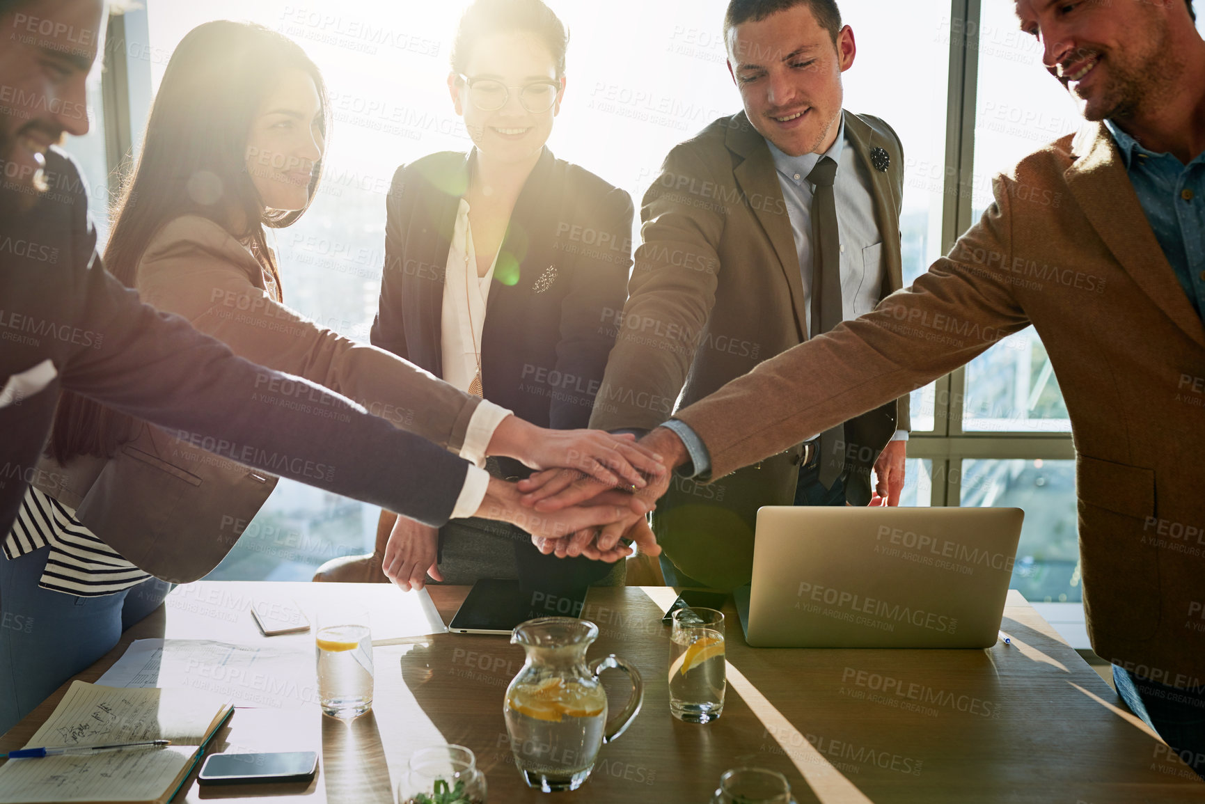 Buy stock photo Business people, b2b pitch and hand pile for collaboration, training and partnership with team building. Workshop huddle, meeting and solidarity for growth, future and project review for company goal