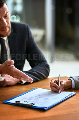Buy stock photo Documents, signature and business man in partner deal, legal advice and attorney paperwork, law firm and night. Policy paper of lawyer person, notary or people hands writing, compliance and agreement