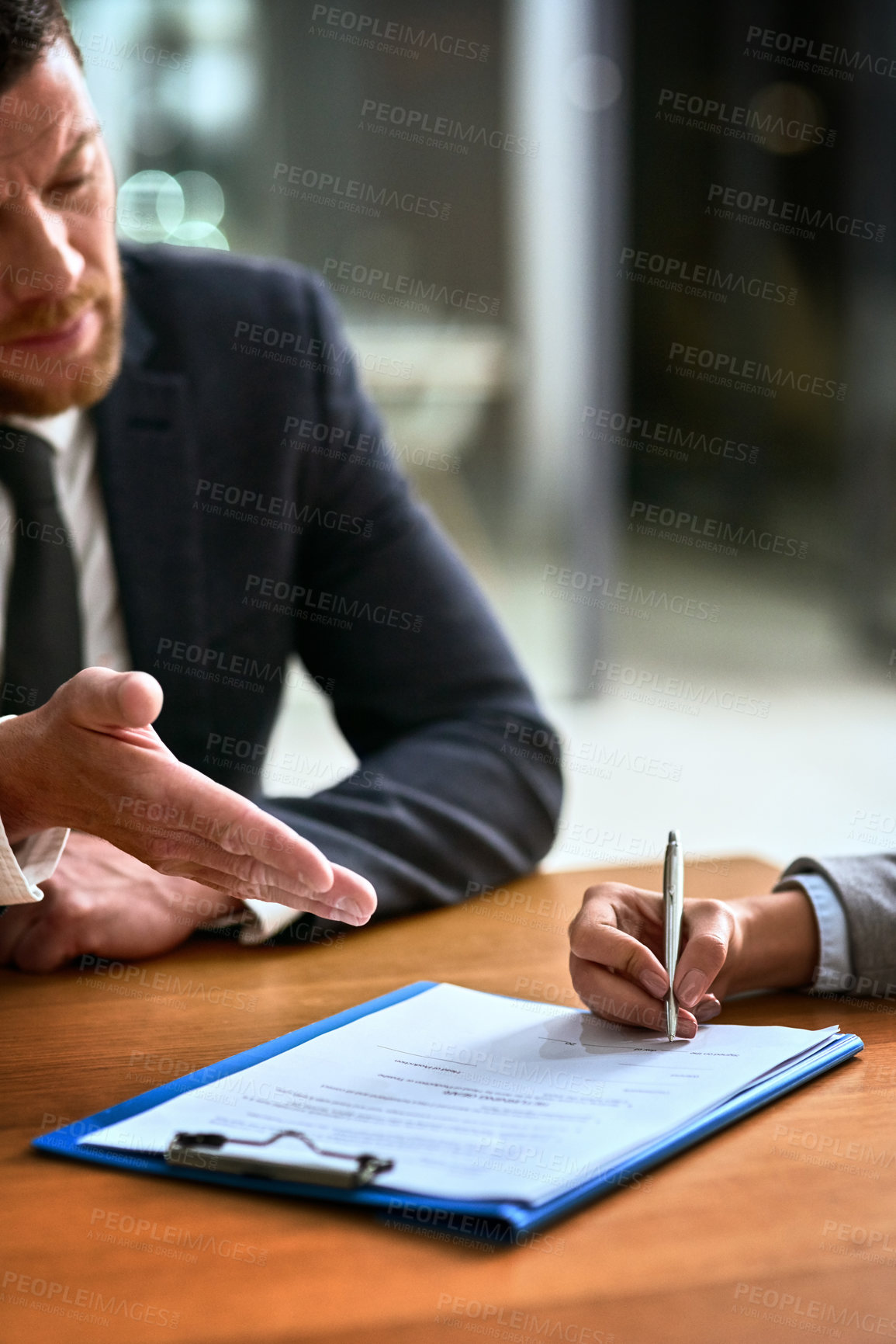 Buy stock photo Documents, signature and business man in partner deal, legal advice and attorney paperwork, law firm and night. Policy paper of lawyer person, notary or people hands writing, compliance and agreement