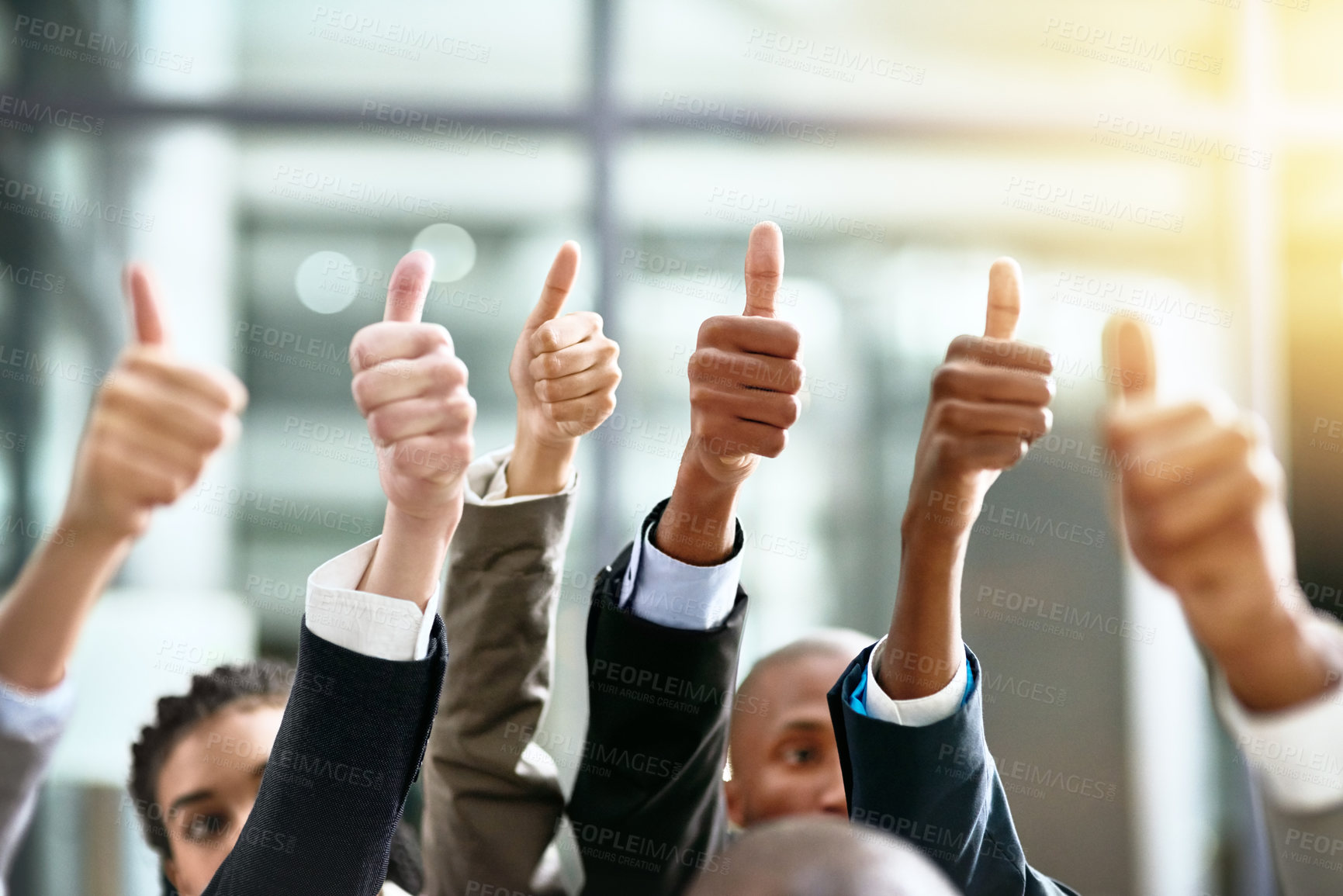 Buy stock photo Winner, thumbs up and group of people thank you, support or teamwork hands for vote, yes or like emoji. Collaboration, target or winning women and men in business ok, diversity success or thanks sign