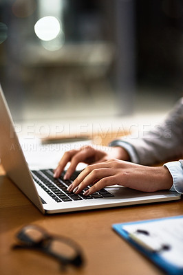 Buy stock photo Laptop, email and hands of a person at a desk for work, internet and connection at night. Business, corporate and a secretary or receptionist typing on a computer for late admin online in an office