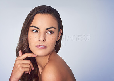 Buy stock photo Thinking, woman and hair care with skincare, beauty and pride for confidence or cosmetics. Female person, vision and natural glow on studio background for dermatology, idea and wellness as aesthetic 