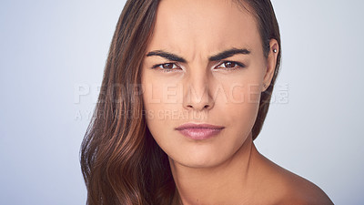 Buy stock photo Portrait, woman and angry in skincare, beauty and self care as frustrated with cosmetic results. Female person, skin and natural glow on studio background for dermatology, face or wellness as unhappy