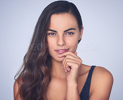 Buy stock photo Portrait, cosmetics and woman with skincare, shine and dermatology on gray studio background. Face, person and model with natural beauty, grooming routine with glow, texture and treatment with volume