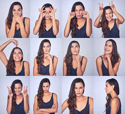 Buy stock photo Collage, woman and funny expressions in studio for crazy facial, comic performance and playful emotions. Girl, actor and unique choice with acting, different and montage on purple background