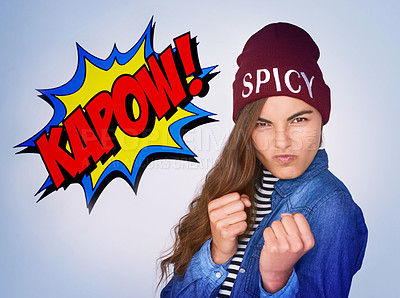 Buy stock photo Fight, comic and portrait of woman in studio with casual fashion and animation effect for superhero. Power, goofy and female person from Canada with trendy style and beanie by white background.