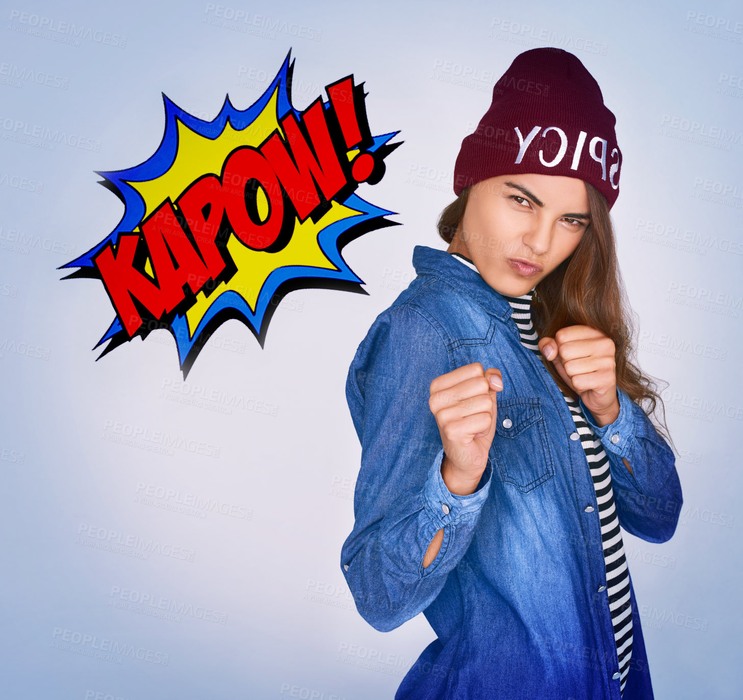 Buy stock photo Fists, comic and portrait of woman in studio with casual fashion and animation effect for superhero. Power, goofy and female person from Canada with trendy style and beanie by white background.