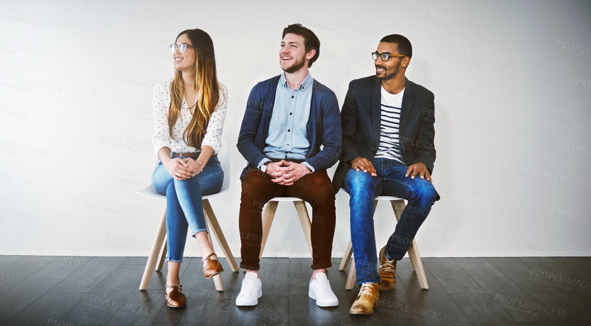 Buy stock photo Row, chair and group in waiting room, thinking and professional in business, recruitment and smile. Appointment, applicant and people in line, job interview and process of hiring, happy or onboarding