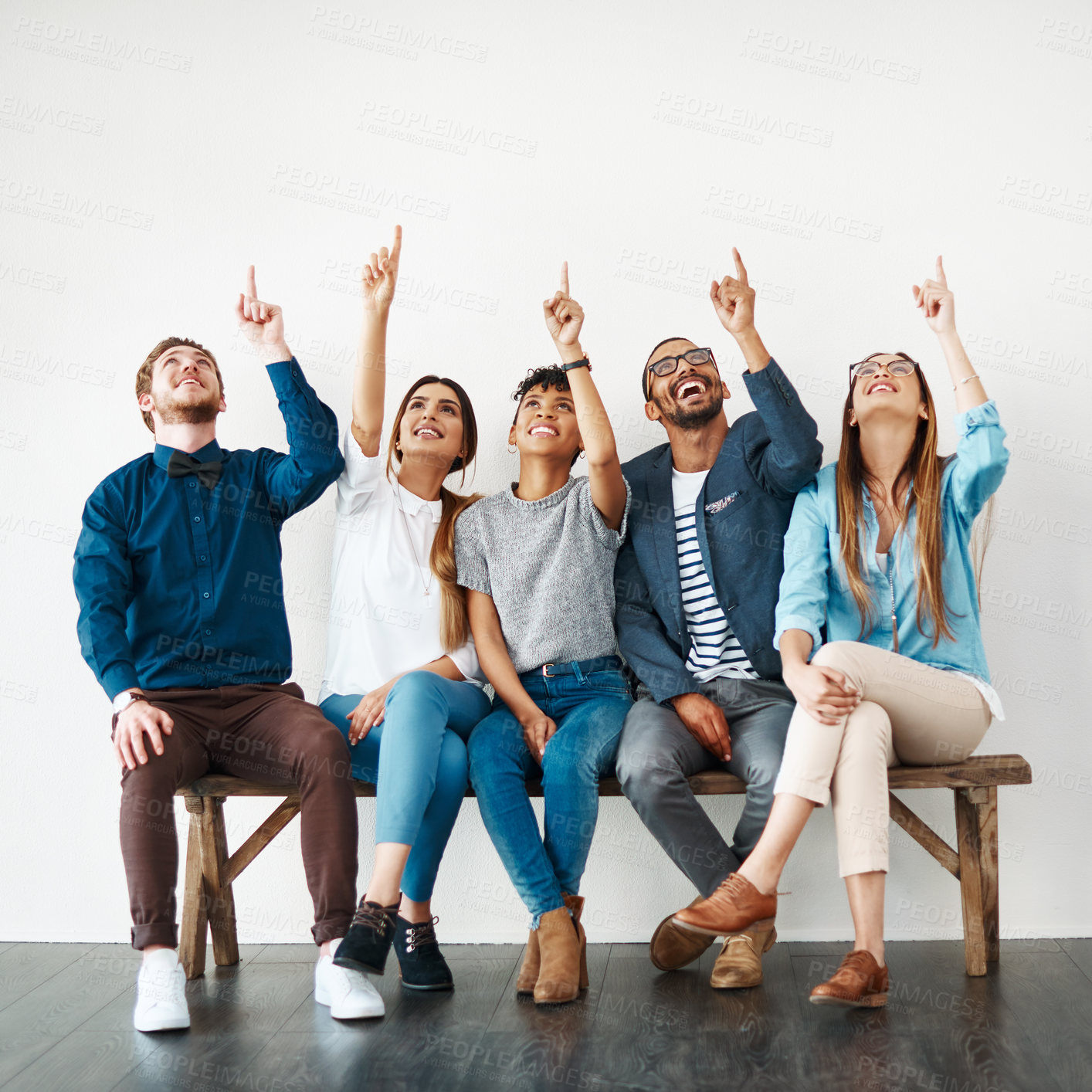 Buy stock photo Business people, diversity and group pointing up for mockup, wall and space with opportunity. Creative employees, teamwork and smile with hand gesture, collaboration and decision for choice approval