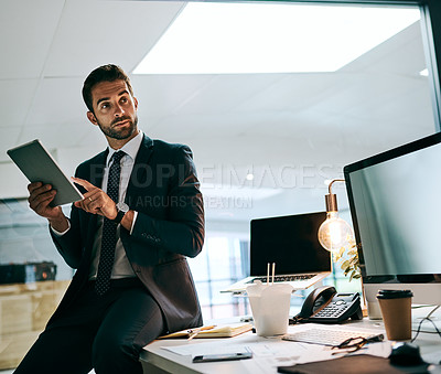 Buy stock photo Business man, thinking and planning on tablet by computer for digital solution and problem solving. Corporate programmer or developer with ideas, productivity and deadline in information technology