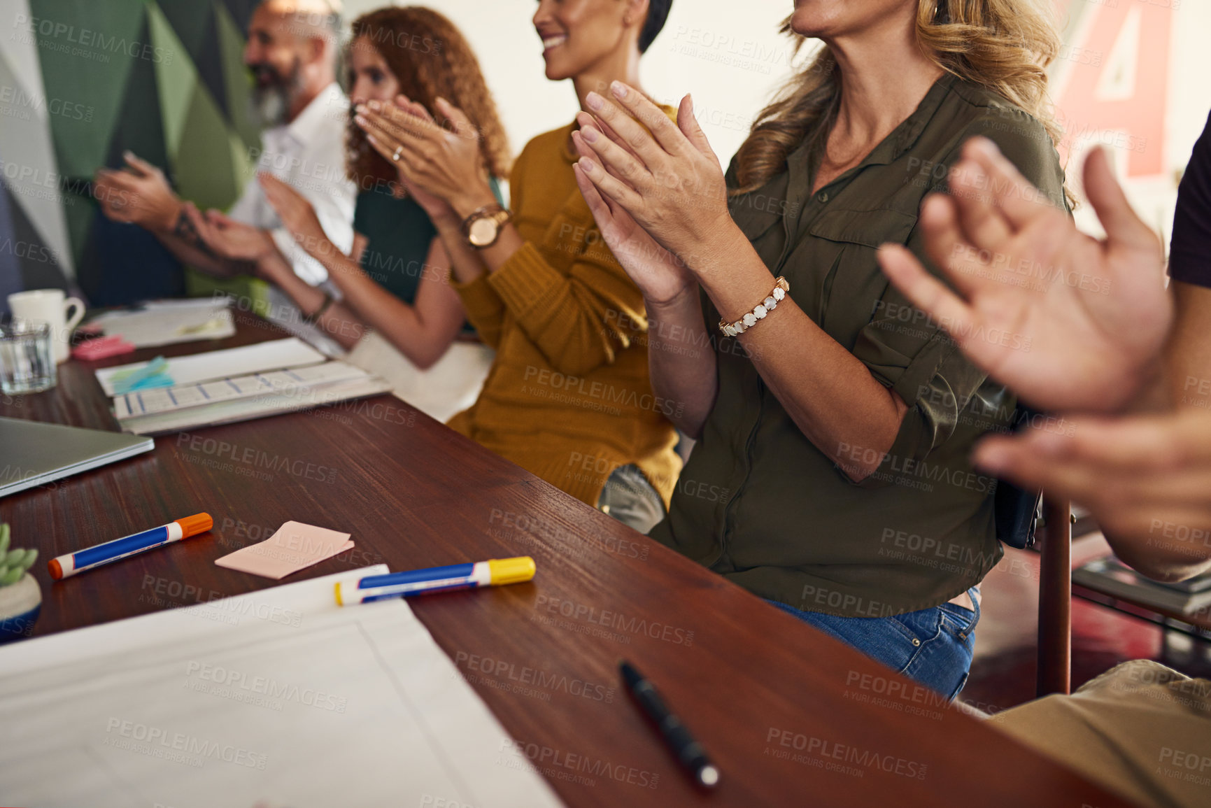 Buy stock photo Creative people, hands and applause in meeting for congratulations, encouragement and announcement. Team, group and celebration together for achievement goals, support and motivation or recognition