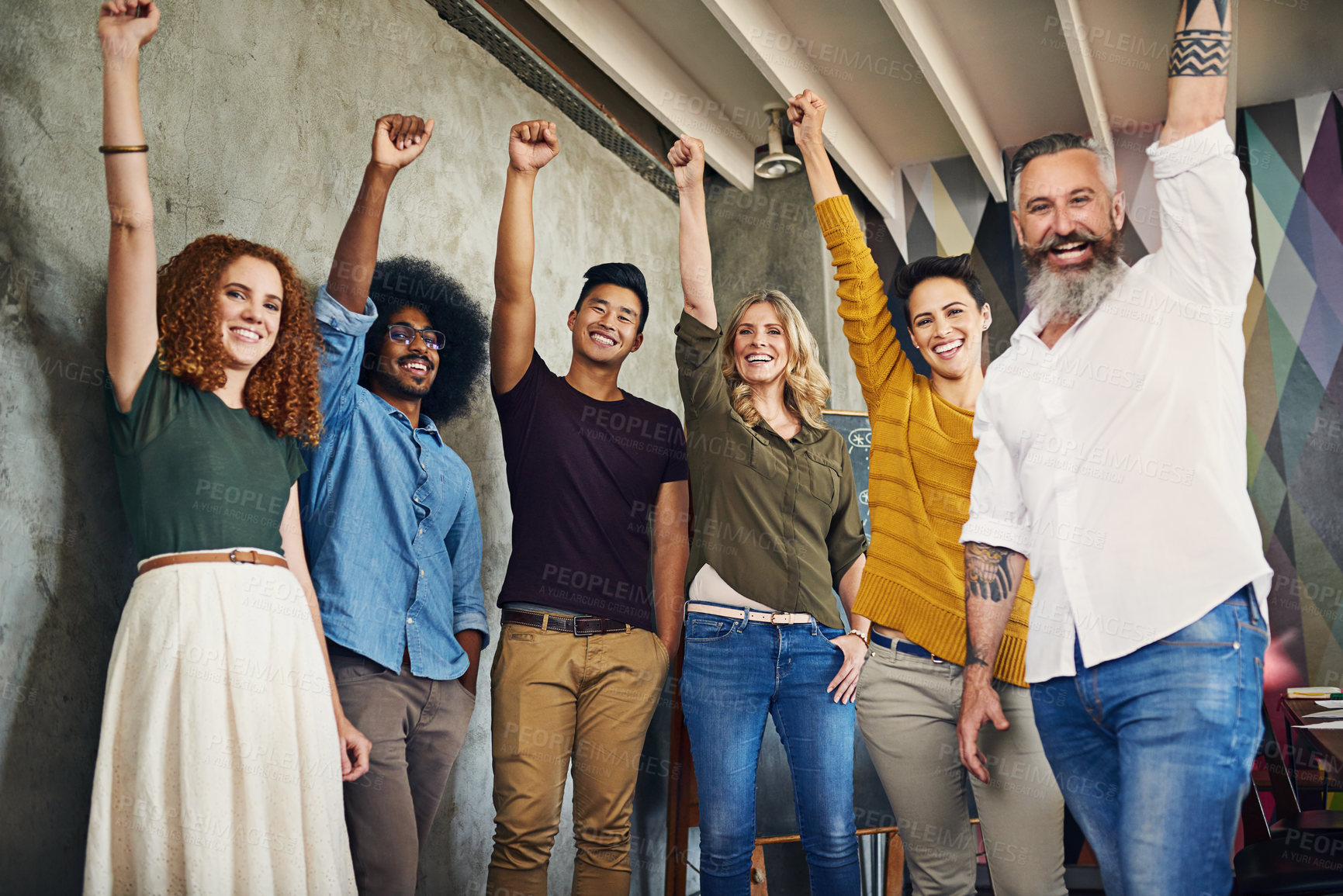 Buy stock photo Business team, happy and fist with celebration in office for company growth and success with creative collaboration. Portrait, group and diversity corporate employees with achievement in workplace