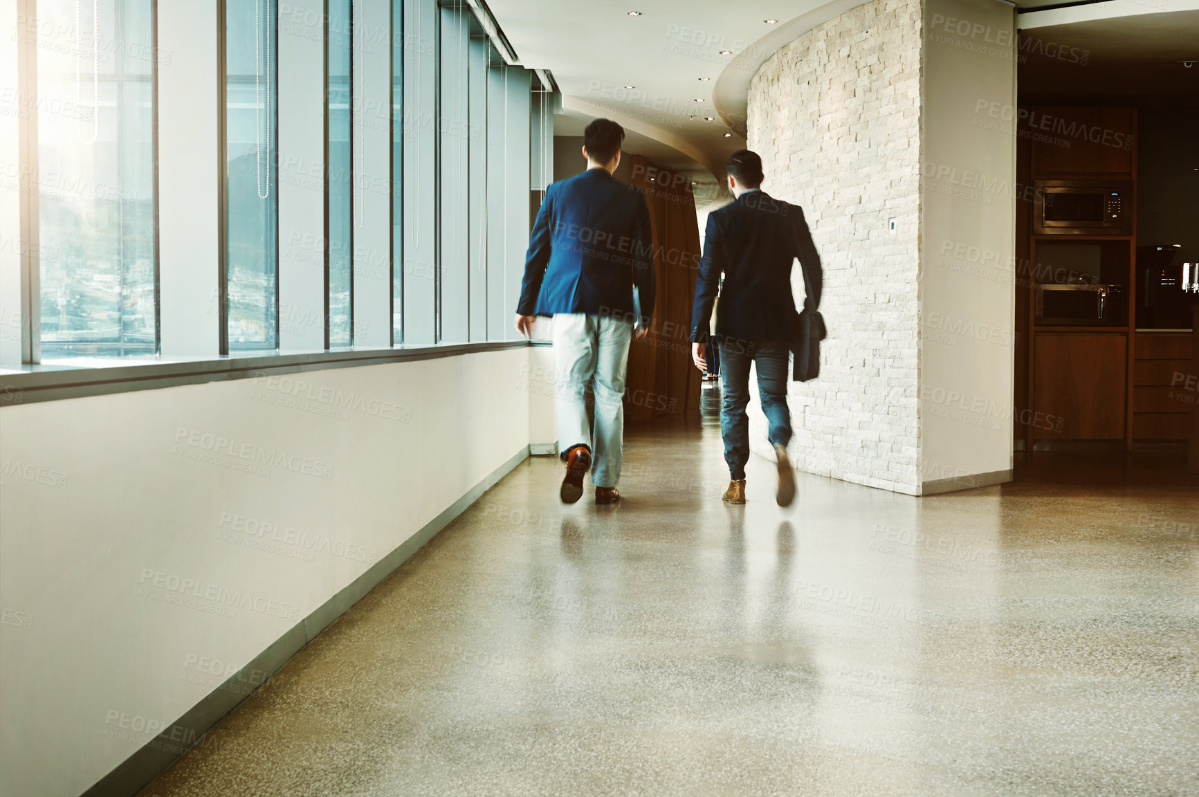 Buy stock photo Office, hallway and back of business people for walking, discussion and professional career for corporate. Teamwork, employees and talking in lobby for project, morning and arrival in workplace