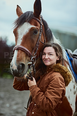 Buy stock photo Nature, portrait and teen girl with horse on farm for bonding with pet in eco friendly environment. Smile, field and female person with equestrian animal for training in outdoor ranch by countryside.