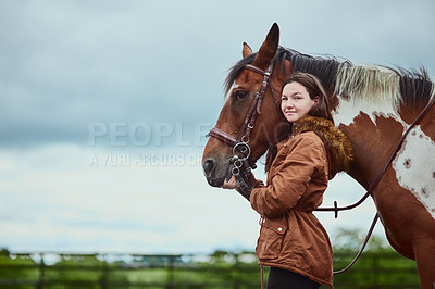 Buy stock photo Farm, walking and portrait of woman with horse in nature for bonding with pet in sustainable environment. Smile, ranch and person with equestrian animal for training in outdoor field by countryside.