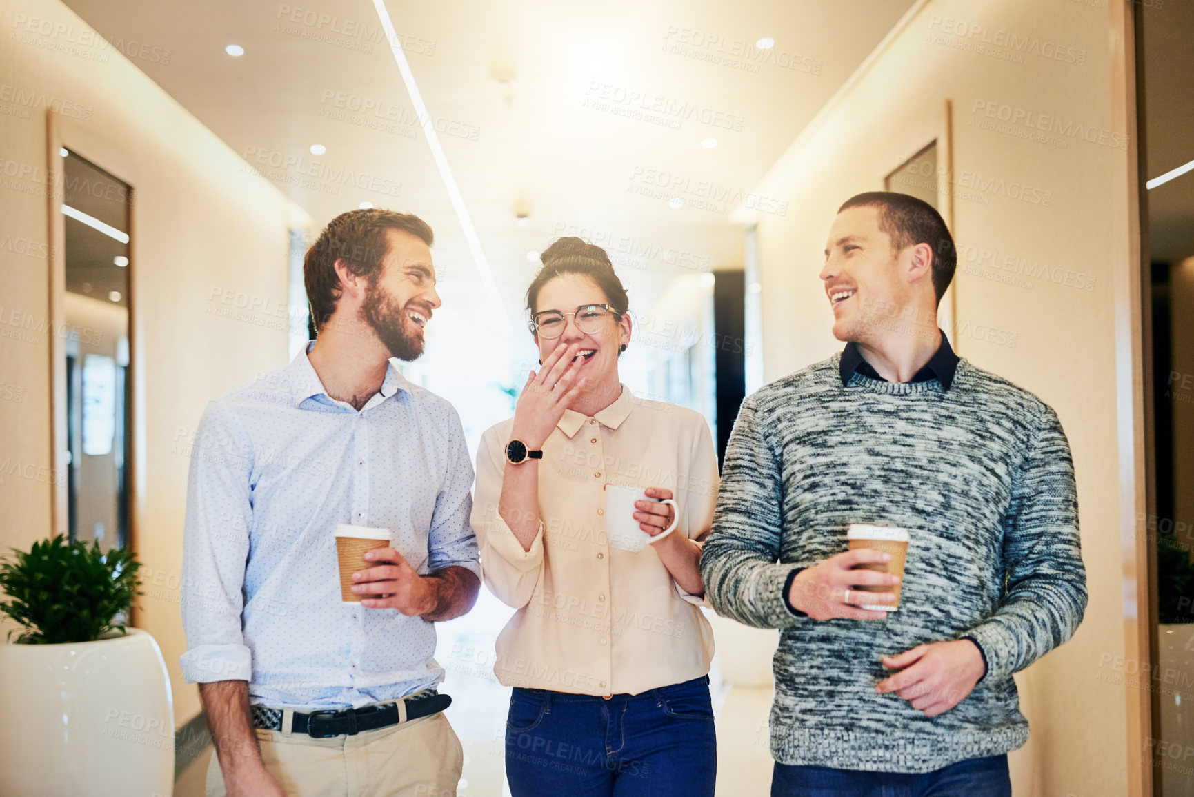 Buy stock photo Business people, happy and coffee break with laughing together for comedy joke, collaboration and relax in office. Employees, men and woman with espresso drinks, funny conversation and gossip story