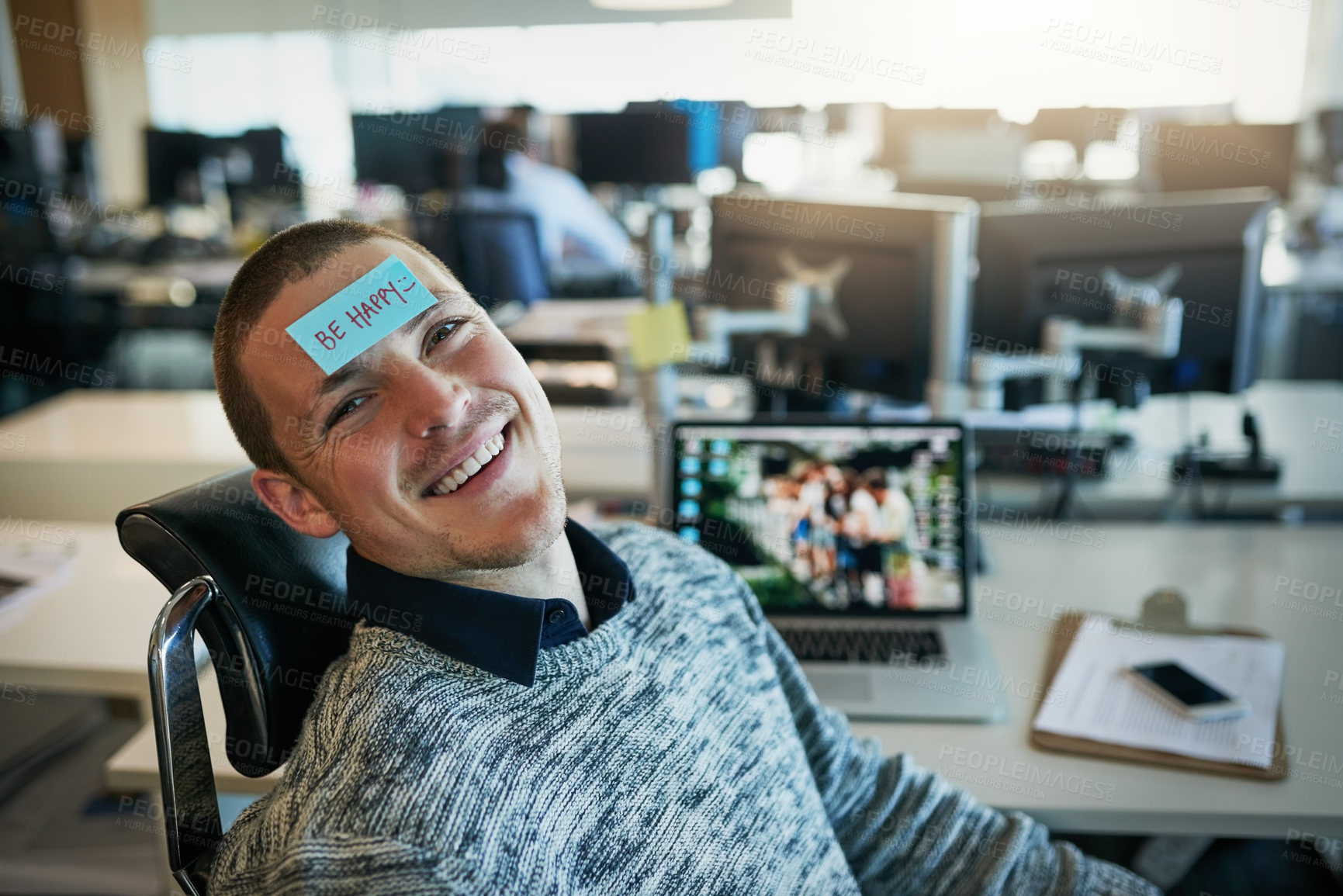 Buy stock photo Businessman, portrait and note on forehead in office for happy reminder, work break and comedy prank by desk. Employee, guy smile and paper on face with workplace humor, funny joke and April Fools