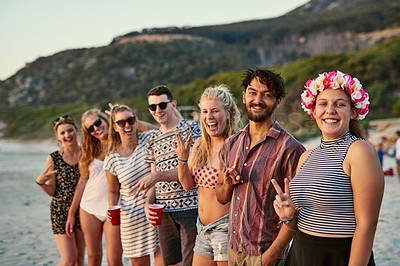 Buy stock photo Portrait, group and friends with happy at beach for summer vacation, bonding and travel together in Miami. Smile, people and reunion party with sunshine, peace sign and celebrate on tropical island