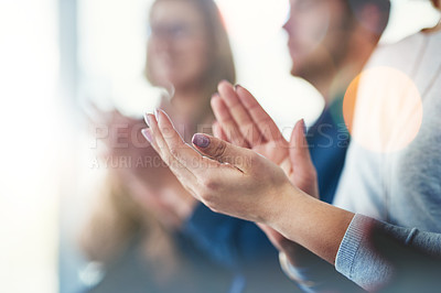 Buy stock photo Applause, success and seminar with hands of business people for support, teamwork and celebration. Wow, winner and target with closeup of audience clapping for goal, motivation and agreement