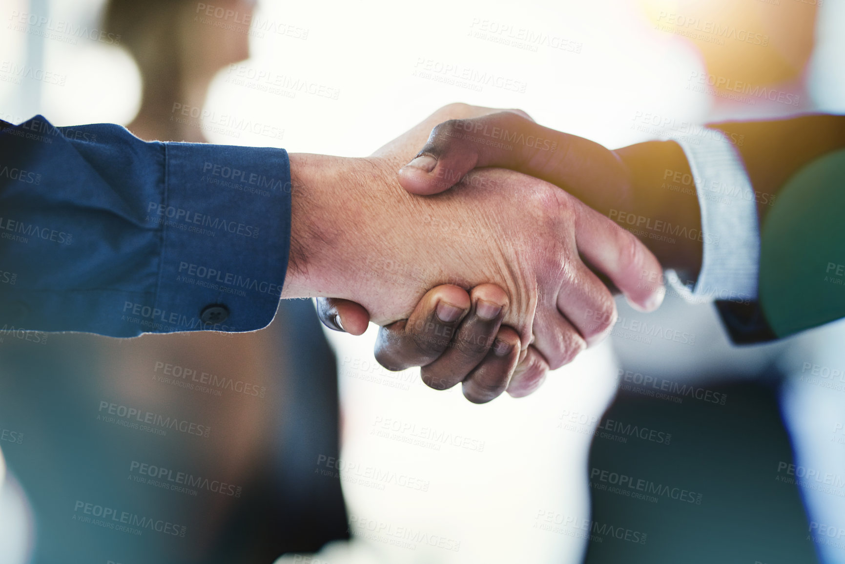 Buy stock photo Business people, closeup hand shake and agreement in office with congratulations, support or welcome for hiring. Team building, hands and connect for synergy, teamwork or partnership in collaboration