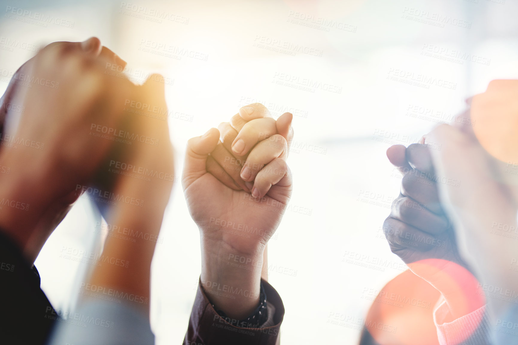 Buy stock photo Business people, support and holding hands in office for collaboration, solidarity and team building. Staff, employees and trust in workplace for partnership, agreement and community with cooperation