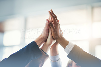 Buy stock photo High five, businesspeople and their hands together for cooperation with lens flare. Collaboration or teamwork, group or coworkers support and people with hand in air for unity or achievement 