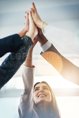 Buy stock photo Business people, group high five and together for motivation,  support or happiness for goals in insurance company. Team building, hands and connection with synergy, teamwork and success in workplace