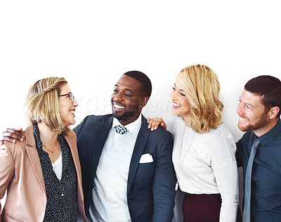 Buy stock photo Teamwork, about us and smile with group of business people in studio for partnership, diversity and community. Support, solidarity and pride with employees laughing on white background for mission