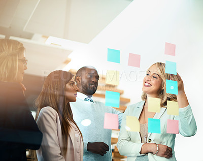 Buy stock photo Office business people or management meeting with sticky notes for planning a marketing leadership strategy. Creative manager or leader together with team in collaboration for success of the business
