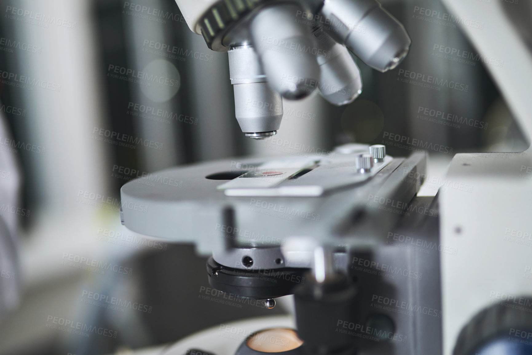 Buy stock photo Microscope, sample and study in lab for science research, medical investigation and blood evolution of solution. Biotechnology, closeup and dna particles for bacteria process of pharmaceutical safety