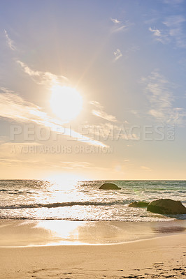 Buy stock photo Copy space landscape and seascape view of a sunset at tropical beach in summer. Idyllic seaside tourist attraction in Camps Bay, Cape Town in South Africa. Holiday resort at seashore on vacation