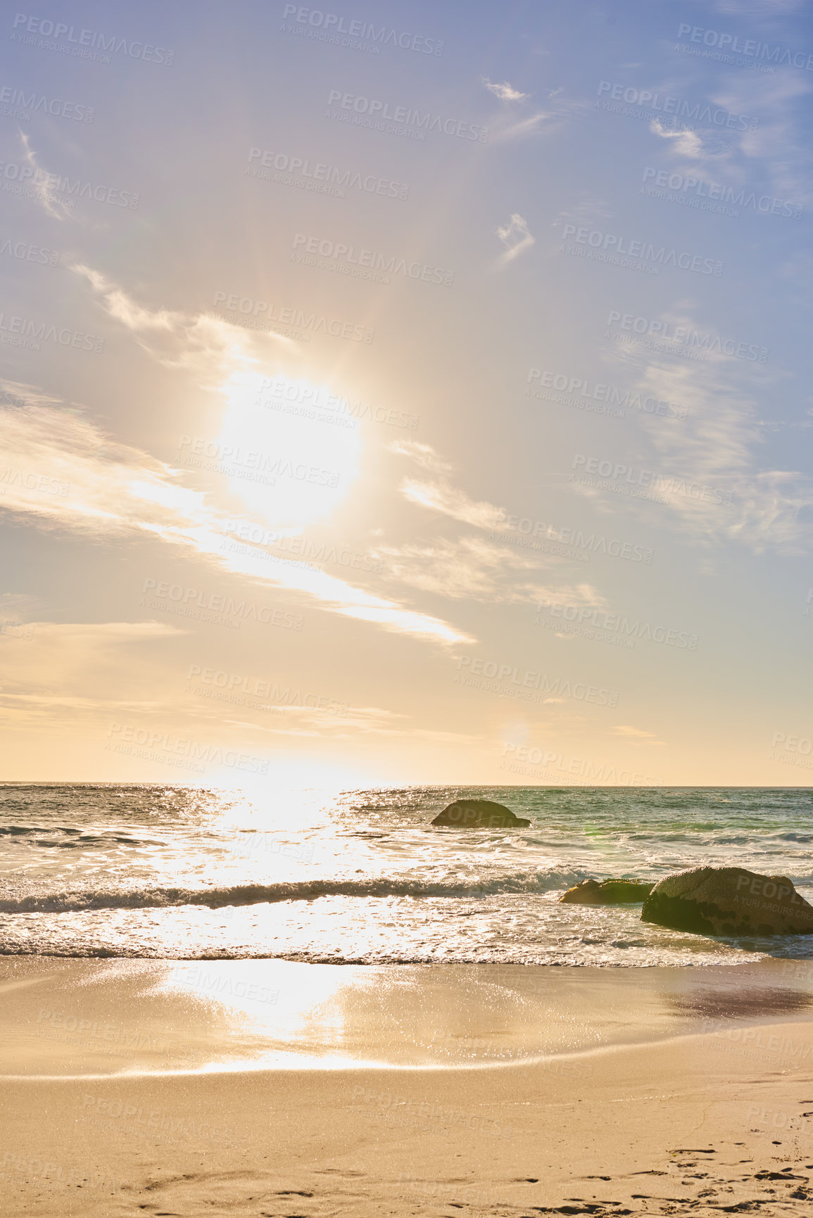 Buy stock photo Copy space landscape and seascape view of a sunset at tropical beach in summer. Idyllic seaside tourist attraction in Camps Bay, Cape Town in South Africa. Holiday resort at seashore on vacation