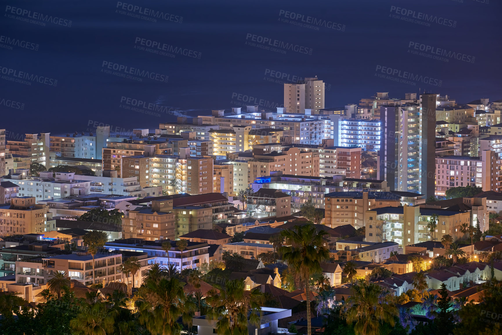Buy stock photo City, buildings and urban landscape at night, skyline and location with architecture, landmark and travel. Cityscape, skyscraper and Cape Town view for tourism, traveling and background destination