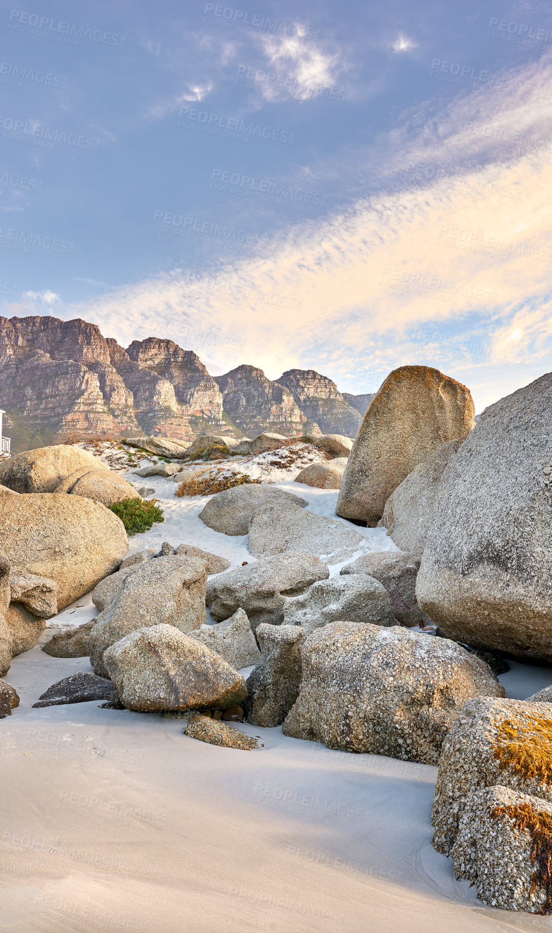 Buy stock photo Rocks, beach and landscape with travel and environment, holiday destination in South Africa with nature and outdoor. Coastal location, natural scenery and fresh air, seascape  and tropical adventure