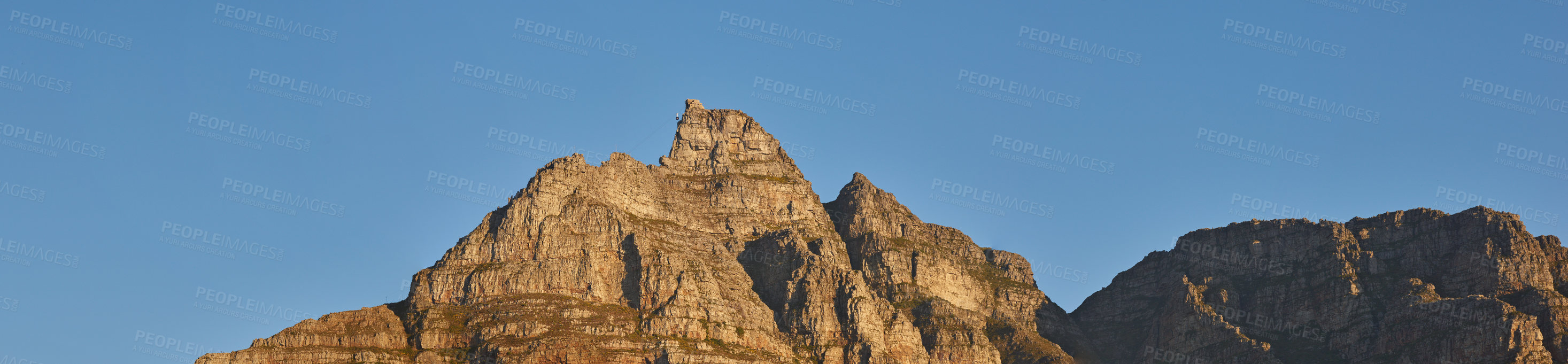 Buy stock photo Copy space with scenic landscape view of Table Mountain in Cape Town, South Africa against a clear blue sky background. Majestic panoramic view of an iconic landmark and famous travel destination