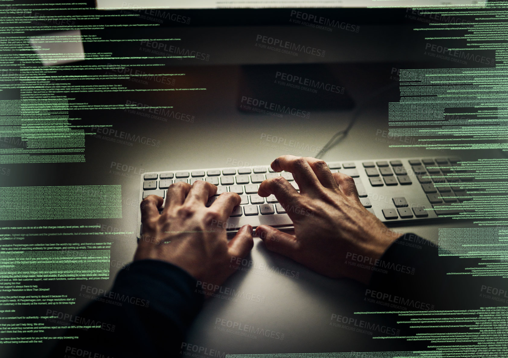 Buy stock photo Hacker, coding and hands in night with keyboard, hologram and information technology, criminal and person. Dark, illegal and programming of database, overlay and risk of cyber security in office